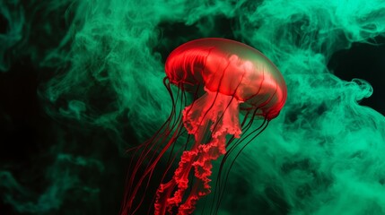 Wall Mural - Green smoke background, an artificial intelligence red jellyfish 