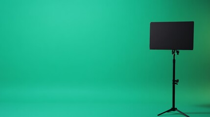 Poster - A basic green screen stand awaits use against a solid color backdrop, providing a versatile setup for filming or photography projects