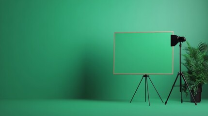 Wall Mural - A simple green screen stand is positioned against a solid color background, designed for adaptable photography and videography projects. Perfect for creative customization