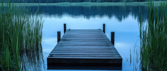 Wooden Dock Extending into Still Blue Lake Water Surrounded by Tall Reeds