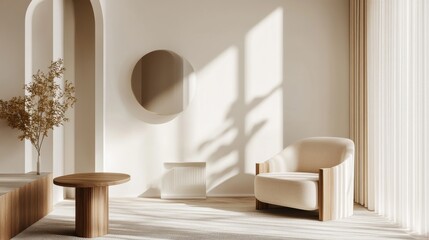 Poster - The minimalist interior features a clean-lined armchair and a round mirror, enhanced by soft natural light streaming through large windows