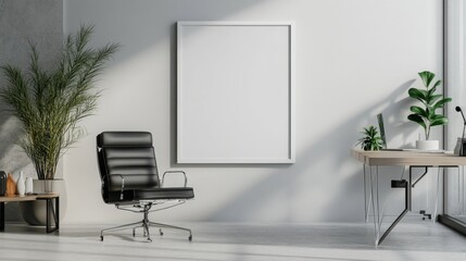 Poster - a spacious business office features a blank white frame on the wall, complemented by a sleek black c