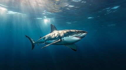 Wall Mural - A majestic great white shark swims effortlessly in the deep blue ocean, its powerful body casting shadows in the tranquil waters. Sunlight filters through, illuminating its sleek form