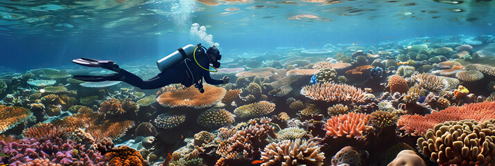 Wall Mural - Ocean Floor Adventure: Scuba Diver Swimming Among Coral Reef