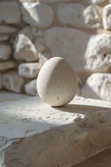 Poster - A speckled egg sits peacefully on a rough stone surface, illuminated by soft sunlight in a serene indoor space