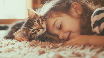 A joyful child cuddles with a playful kitten on a soft carpet, showcasing their warm bond and love for pets in a cozy setting.