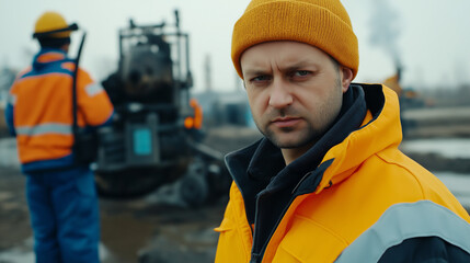 Serious Construction Worker in Yellow Jacket and Beanie at Worksite