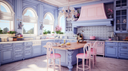 Wall Mural - Luxury kitchen design in pink colors with sun rays from the window.