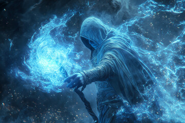 hooded sorcerer in detailed armor summoning a swirling blue vortex of magical energy, glowing eyes and intense focus, otherworldly night scene