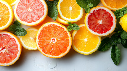 Wall Mural - A bunch of oranges and lemons are sliced and arranged on a table