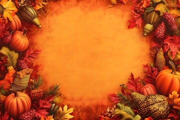 Thanksgiving style wallpaper, rustic orange background with red and brown decoration and large blank space in the center for text, Thanksgiving patterns such as pumpkins and cornucopias on both sides