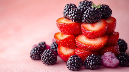 Canvas Print - A stack of strawberries and blackberries on a pink background