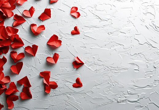 Red paper hearts flying on a white background symbolize love on Valentine s Day with space for text
