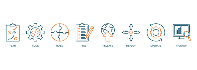 DevOps icon vector illustration banner web concept for software engineering and development with an icon of a plan, code, build, test, release, deploy, operate, and monitor