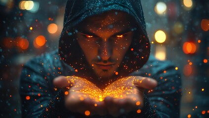 A mysterious man in a hooded jacket stands in the middle of a city at night.