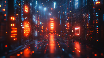 Poster - a futuristic cityscape with neon lights and glowing signs. the atmosphere is one of excitement and e
