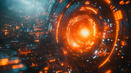 Poster - A glowing orange circle with a city in the background. The city is lit up with neon lights and the circle is surrounded by a bright orange glow. The image gives off a futuristic and otherworldly vibe