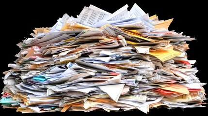 Close-up of documents, papers, and computers piled on table, professional high-resolution photo