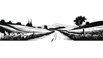 Wall Mural - Road through a Farm. Rural landscape. Road through a farm sketch style illustration. Farm. Road. Sketch. 