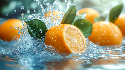 Wall Mural - A close up of an orange with a leaf on top of it in a body of water