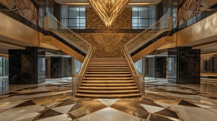 Poster - An opulent hotel lobby with a grand staircase featuring gold railings and a polished marble floor