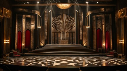 Poster - A stage set for a glamorous theatre production, with bold, angular set designs