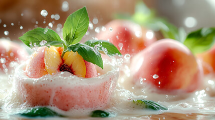 Wall Mural - A close up of a peach with a leaf on top of it