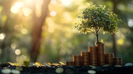 Wall Mural - step of golden coins stacks on table with tree growing on top, nature background, money, saving and investment concept