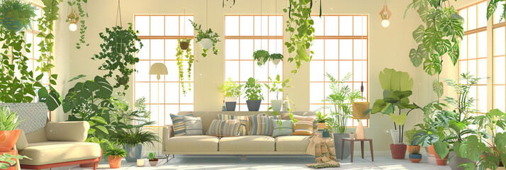 Wall Mural - Indoor Garden Oasis: A cozy living room transformed by an abundance of potted plants and hanging greenery, creating a lush, calming retreat within the home.