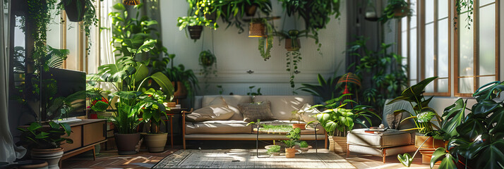 Wall Mural - Indoor Garden Oasis: A cozy living room transformed by an abundance of potted plants and hanging greenery, creating a lush, calming retreat within the home.