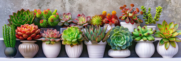 Succulent Sanctuary: A collection of vibrant succulents arranged on a stylish shelf, demonstrating the beauty and ease of maintaining low-maintenance plants indoors.