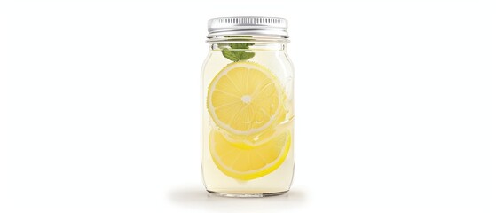 A jar of lemonade with two slices of lemon in it