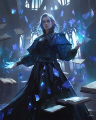 elven mage harnessing ethereal blue magic in a mystical library with floating books