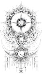 Star and Crescent Bahai Faith black and white illustration