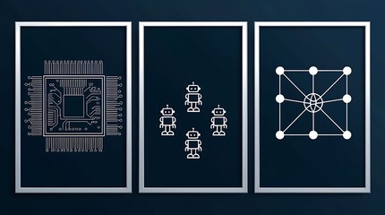 Poster - Three frames showcasing circuit board, robots, and connected dots. Suitable for technology, robotics, innovation presentations, and futuristic designs.