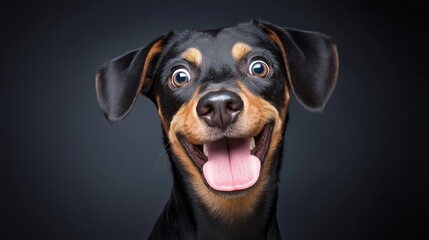 a small dog with a black and brown coat is smiling and has its tongue out. the dog's eyes are wide o