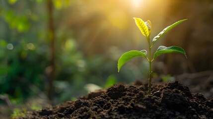 A young plant sprouting from the ground, with sunlight and a green natural background