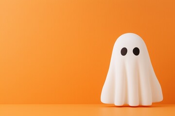 Trendy composition featuring a cute white ghost on a pastel orange background. Ample copy space image included.