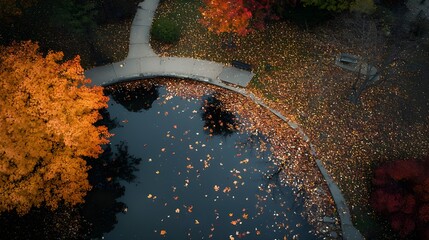 Drone shot of a tranquil park with fall colors and fallen leaves.