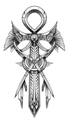 Tribal Ankh Ancient Egyptian Tattoo black and white illustration