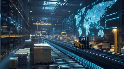 High-tech warehouse with a forklift moving products along a conveyor, featuring a digital world map overlay, emphasizing modern logistics.