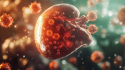 Wall Mural - Human liver with hepatitis viruses. 3d illustration..