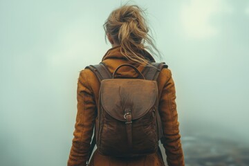 Wall Mural - Blond woman with backpack looking out over a foggy landscape, travel concept, copy space