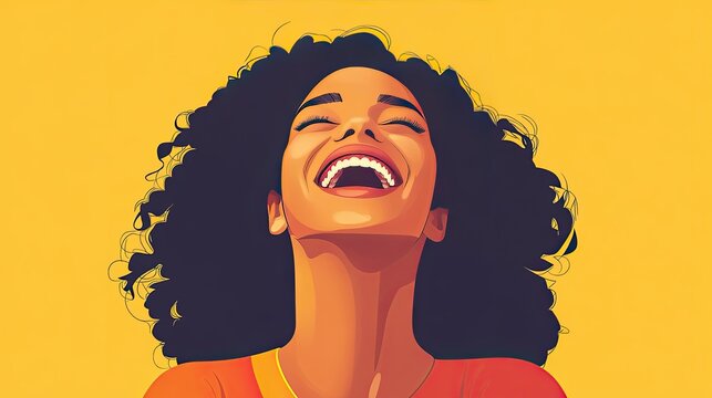 A bright and cheerful flat vector illustration of a woman laughing, her expression happy and carefree, ideal for a positive, uplifting design.