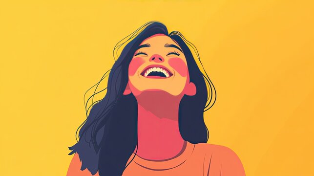 A bright and cheerful flat vector illustration of a woman laughing, her expression happy and carefree, ideal for a positive, uplifting design.