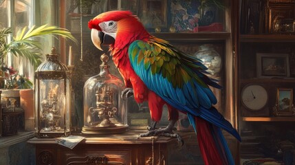 A colorful parrot sits proudly amidst antique treasures and vintage decor, surrounded by the charm of a curio cabinet