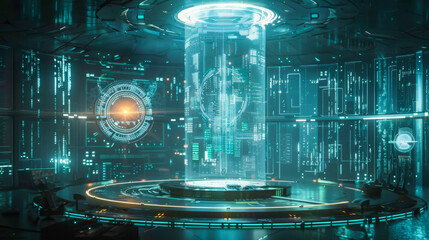 Poster - Futuristic room with a glowing blue object in the center. The room is filled with neon light and a blue object is surrounded by a glowing orange ring. Technology concept.