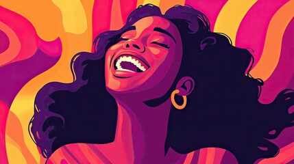 Poster - A fun and colorful flat vector style illustration of a woman laughing heartily, her expression full of joy and her pose dynamic.