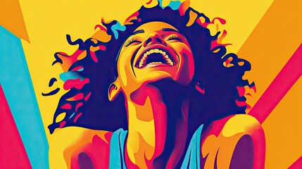 Poster - A fun and colorful flat vector style illustration of a woman laughing heartily, her expression full of joy and her pose dynamic.