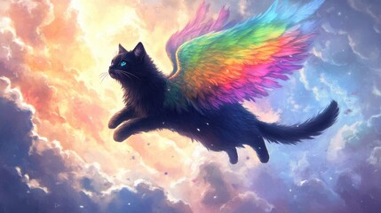 A magical black cat with rainbow wings making its way through fluffy clouds towards the light of heaven. An enchanting image idea